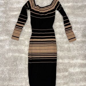 Elegant Striped Black and Tan Dress